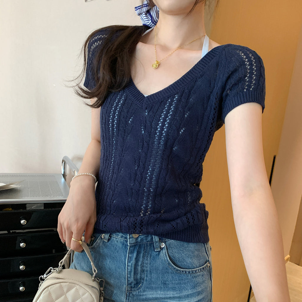 Seductive Unique Hollow Semi-Transparent V-Neck Knit Short Sleeve T-Shirt Fit Slimming Top