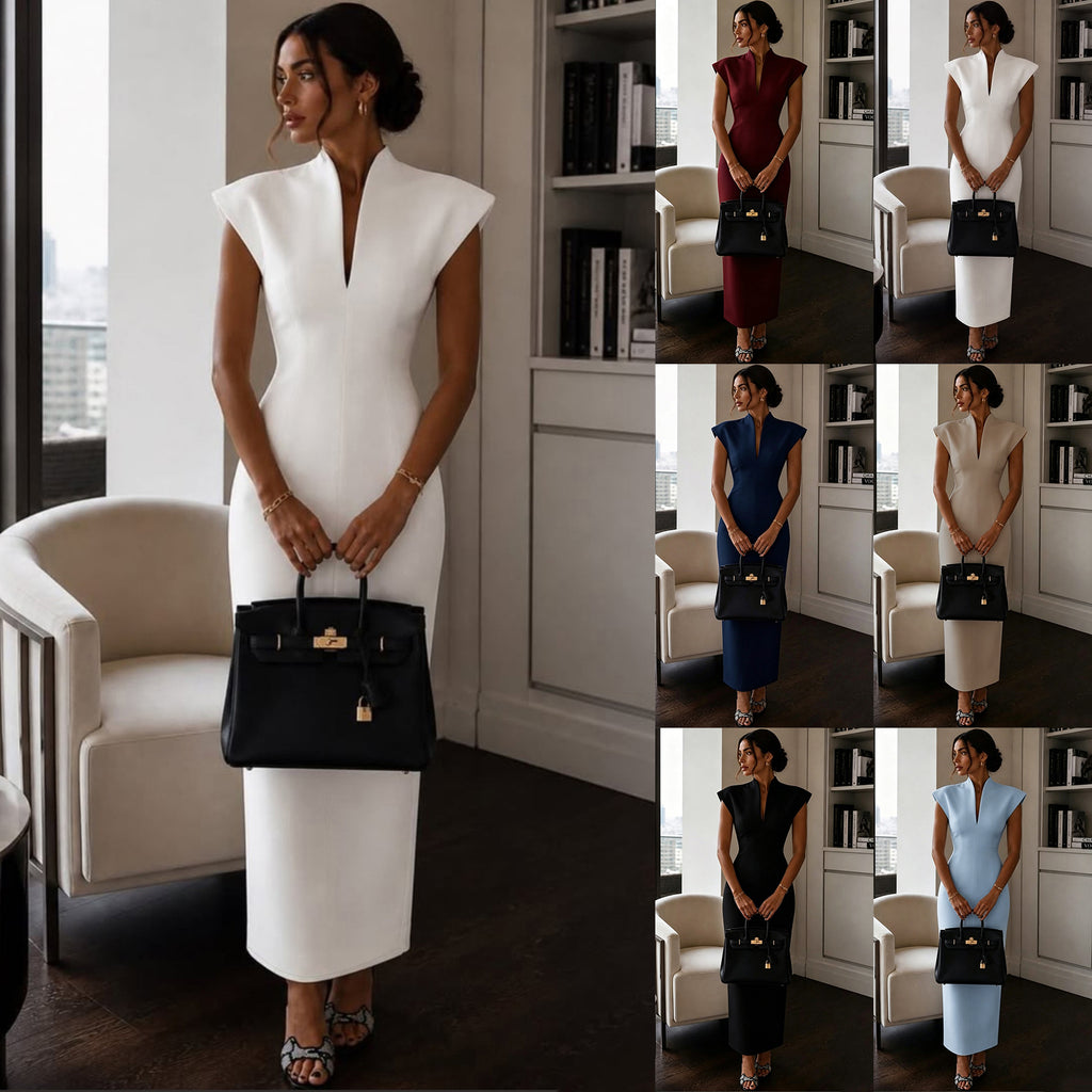 Stand-up Collar V-Neck Sleeveless Fitted Bodycon Dress Evening Gown