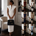 Stand-up Collar V-Neck Sleeveless Fitted Bodycon Dress Evening Gown