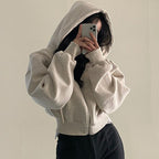 Zipper Warm Color Hoodie for Women Insulated Fashionable Short Length Slim Fit