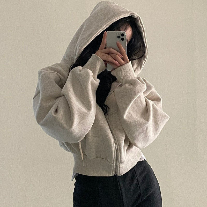 Zipper Warm Color Hoodie for Women Insulated Fashionable Short Length Slim Fit