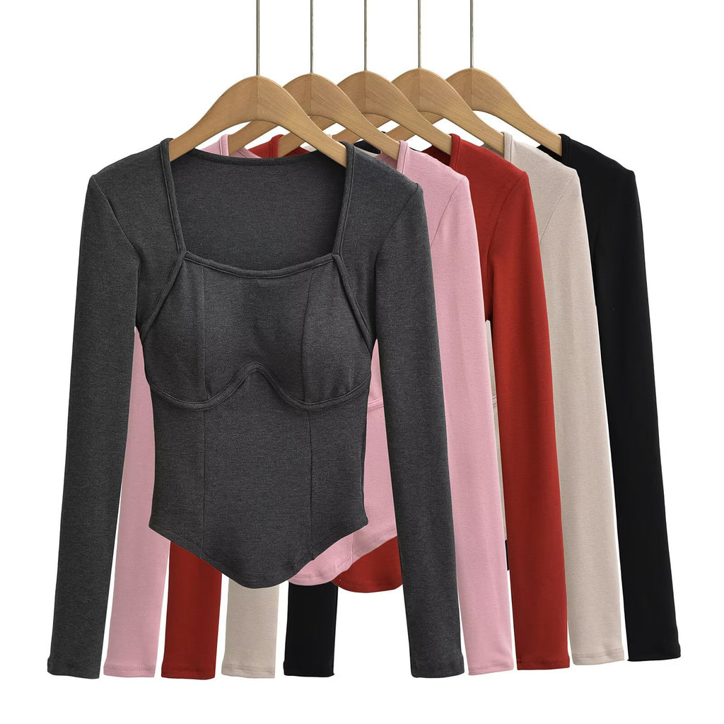 Square collar long sleeved pullover T-shirt