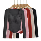 Square collar long sleeved pullover T-shirt