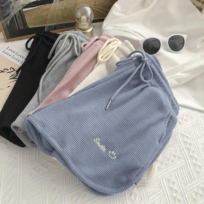 Waffle Knit Sweat Shorts for Women Summer Casual Loose High Waist Home Wear Wide Leg Hot Pants Outerwear