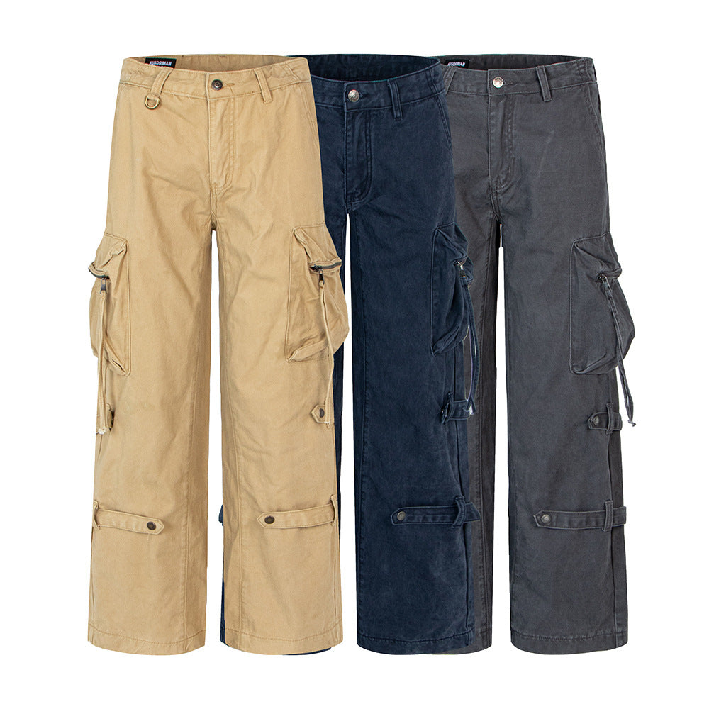 Style High-End Belted Large Pocket Cargo Pants for Men, Retro Streetwear Loose Straight Leg Casual Long Pants