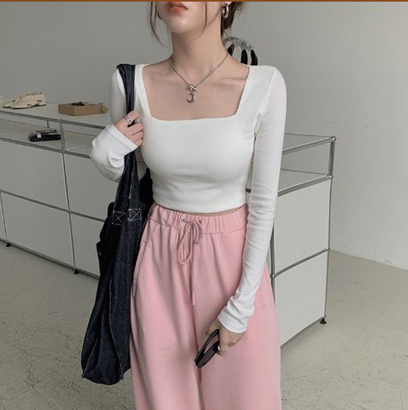 New slim fit inner bottom shirt, long sleeved T-shirt, women's early autumn spicy girl square neck short top