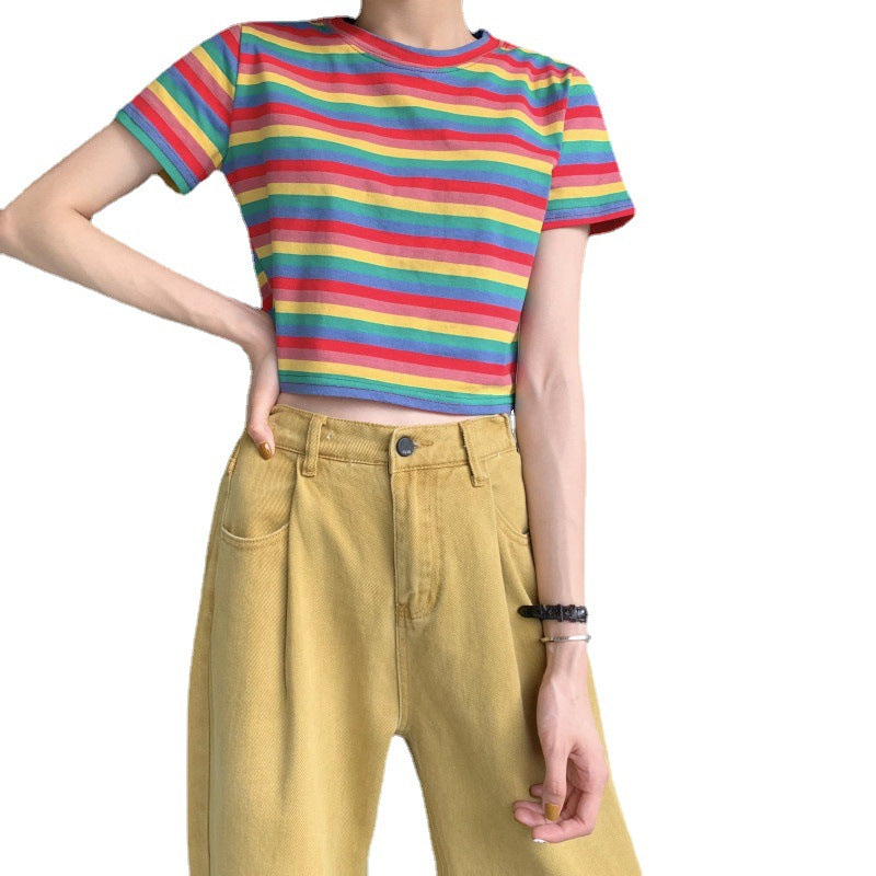 Cec Loose Rainbow Stripe Short Sleeve T-Shirt Women Ins Trendy Summer Crop Top