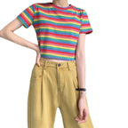 Cec Loose Rainbow Stripe Short Sleeve T-Shirt Women Ins Trendy Summer Crop Top