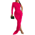 Fashion Women's Solid Color Asymmetrical Neck Single Long Sleeve Long Dress with Pleats