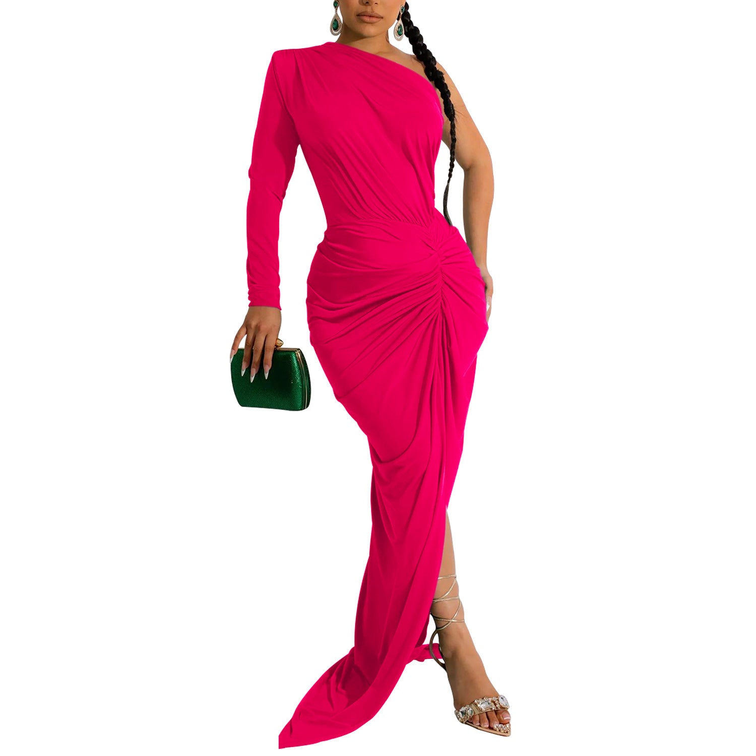Fashion Women's Solid Color Asymmetrical Neck Single Long Sleeve Long Dress with Pleats