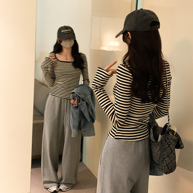 striped knit top, square neck, slim fit, short length, inner layer sweater