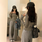 striped knit top, square neck, slim fit, short length, inner layer sweater