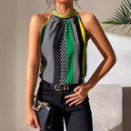 Fashionable Style Printed Off-Shoulder Stand-Up Collar Halter Top