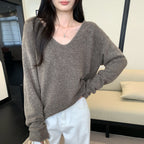 Relaxed V-Neck Pullover Knit Sweater for Women, Loose Fit, Elegant and Slimming Knit Top
