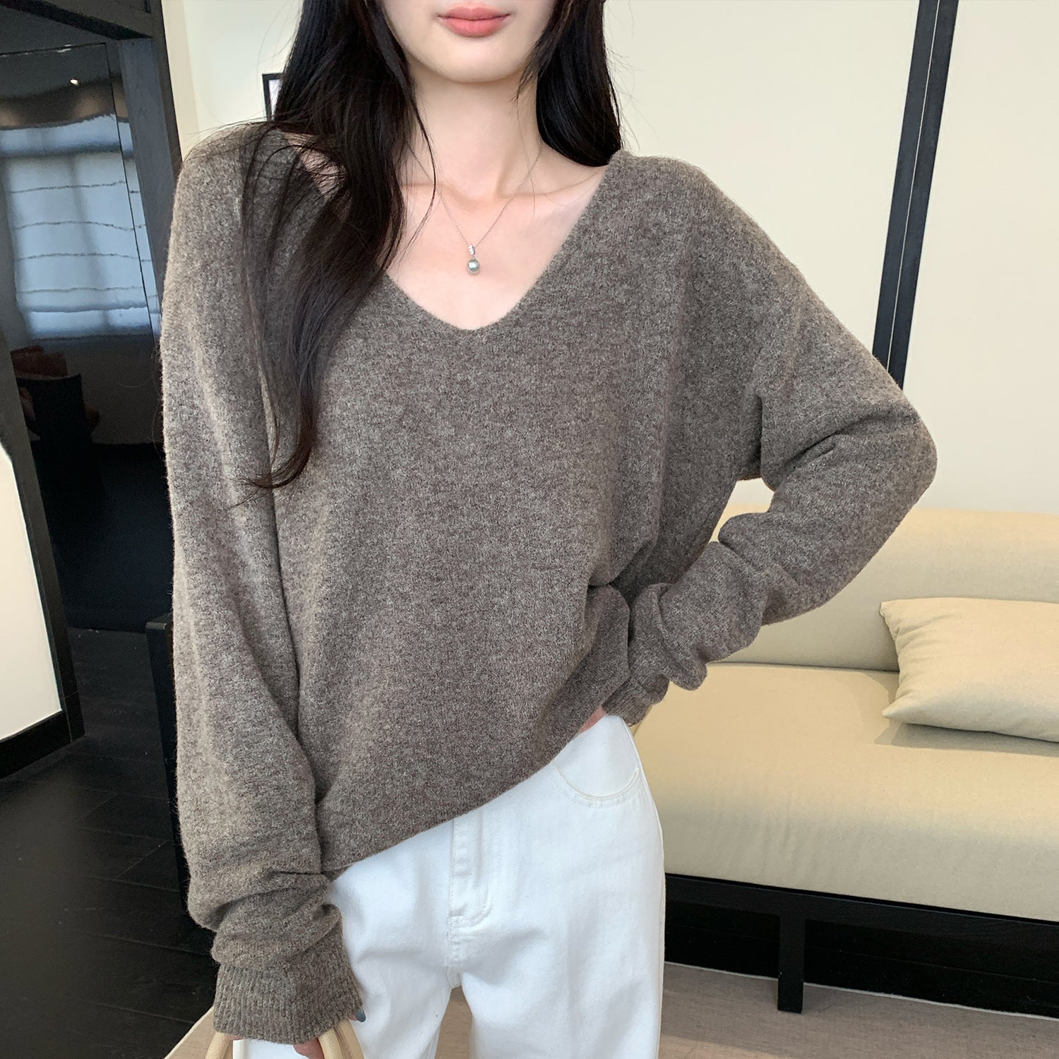Relaxed V-Neck Pullover Knit Sweater for Women, Loose Fit, Elegant and Slimming Knit Top