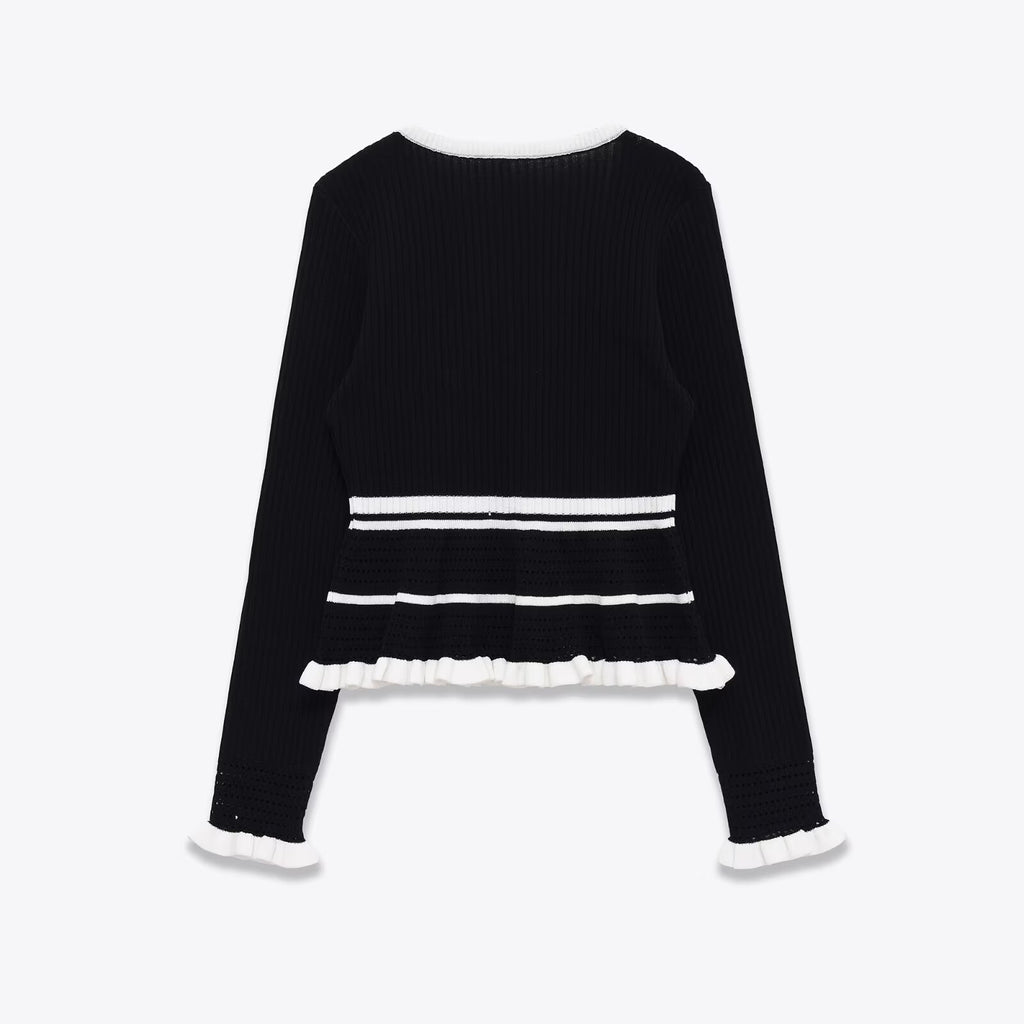 Slim fit U-neck casual patchwork ribbed knit sweater