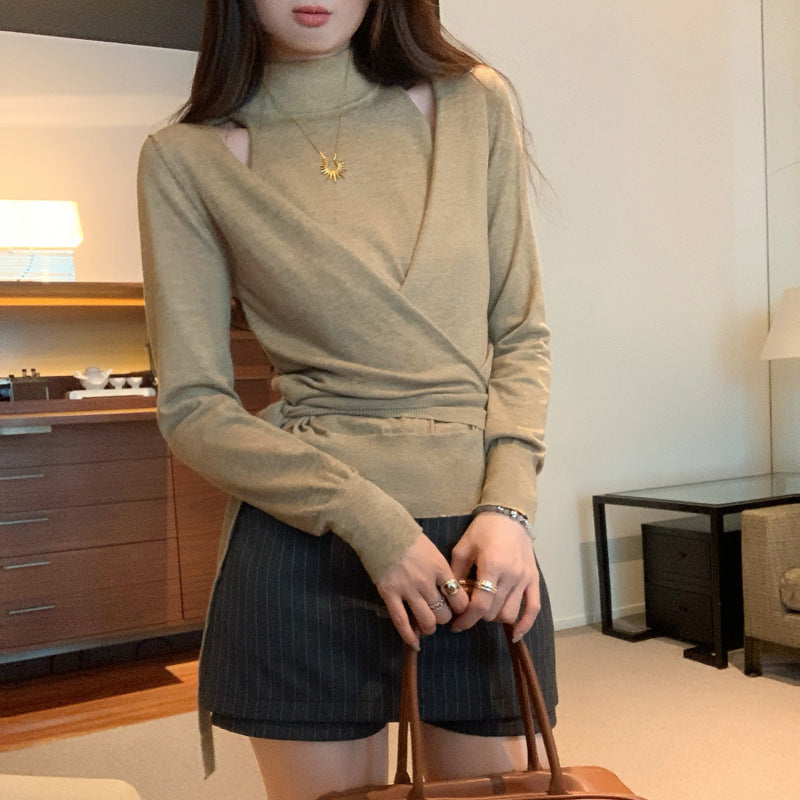 Mock Two-Piece Off-Shoulder Fitted Long Sleeve Wool Knit Top for Women