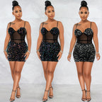 Fashion Sexy Sleeveless Sequin Mesh Sheer Zipper Midi Dress