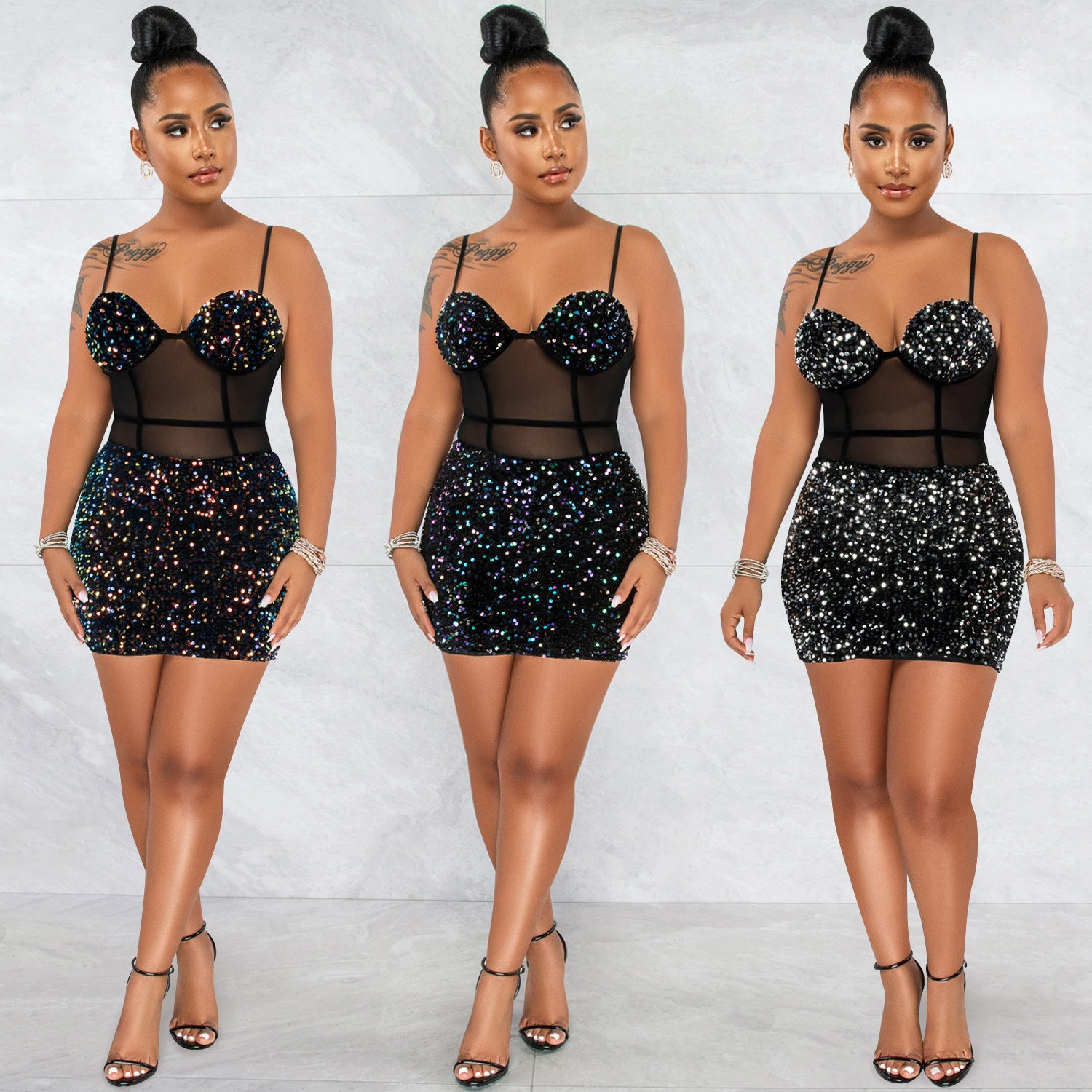 Fashion Sexy Sleeveless Sequin Mesh Sheer Zipper Midi Dress
