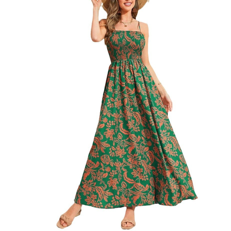 Strap Printed Dress Sleeveless One-Shoulder Long Dress