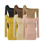 Ruched Off-Shoulder Long Sleeve Slim Fit Bodycon Short Dress