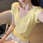 Seductive Unique Hollow Semi-Transparent V-Neck Knit Short Sleeve T-Shirt Fit Slimming Top