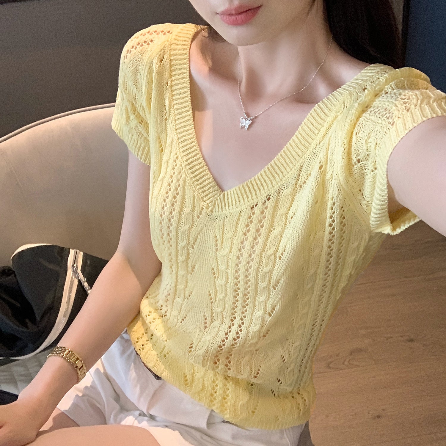 Seductive Unique Hollow Semi-Transparent V-Neck Knit Short Sleeve T-Shirt Fit Slimming Top