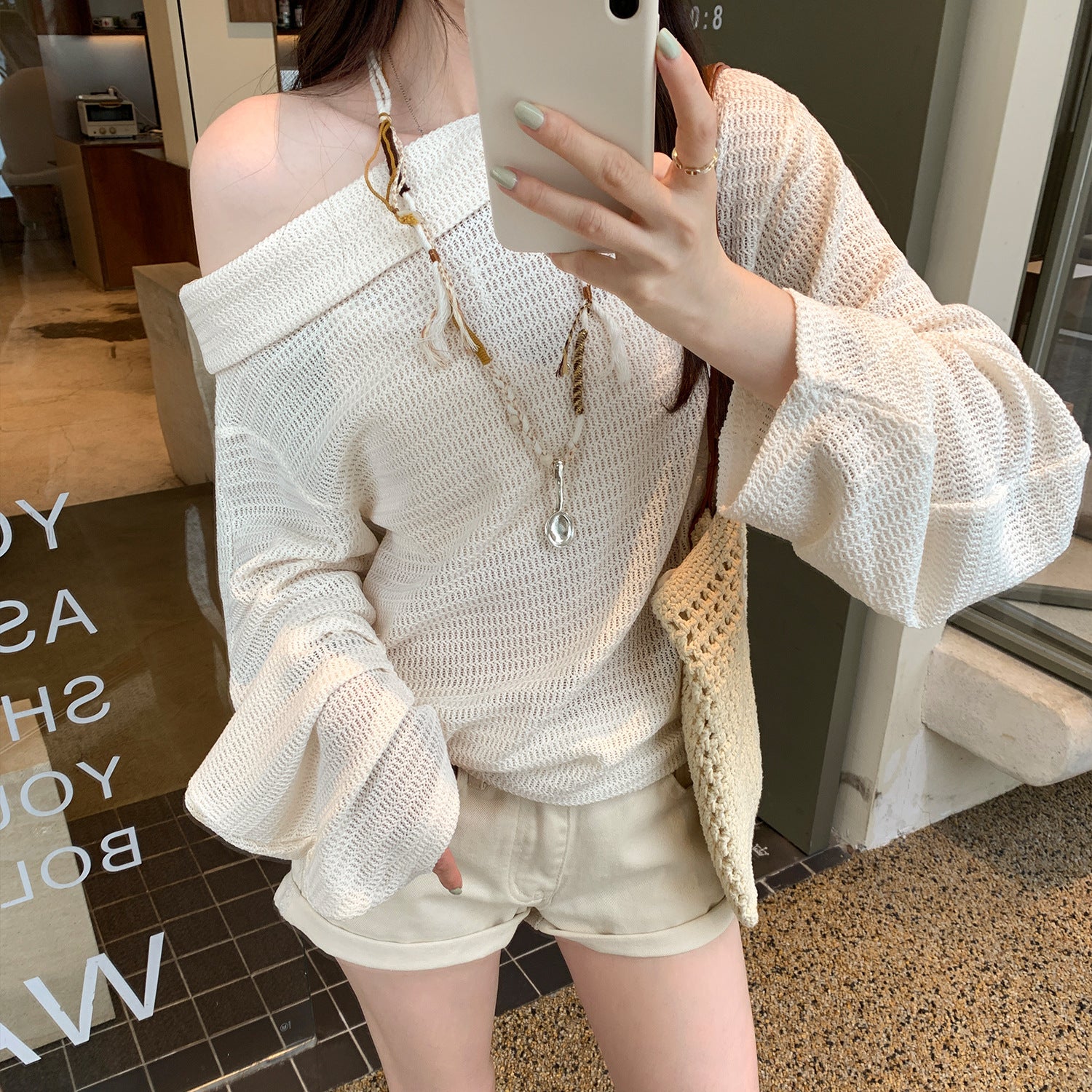 Soft Style Hollow Out Shoulder-Baring Long Sleeve Knit Top for Women, Loose and Slim Fit Casual Sweater