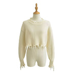 Broken hole tassel short crop top sweater with exposed navel