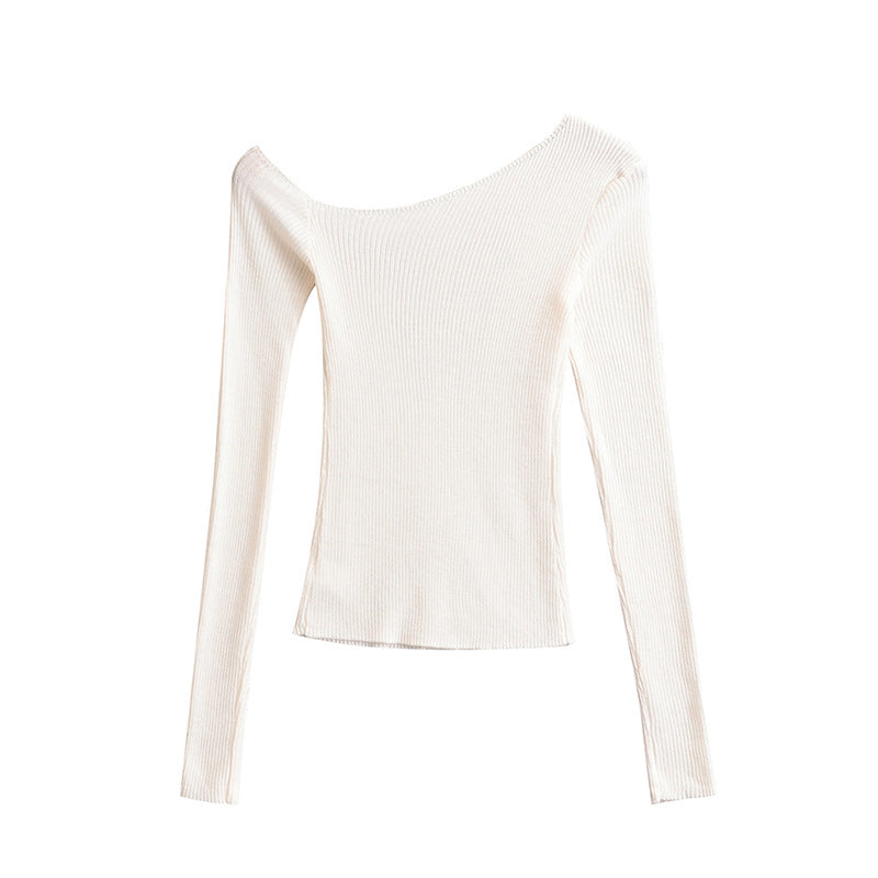 Slanted shoulder off shoulder slim fit long sleeved top