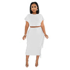 FashionableStyle Solid Color Fringe Round Neck Short Sleeve Long Dress Two-Piece Set