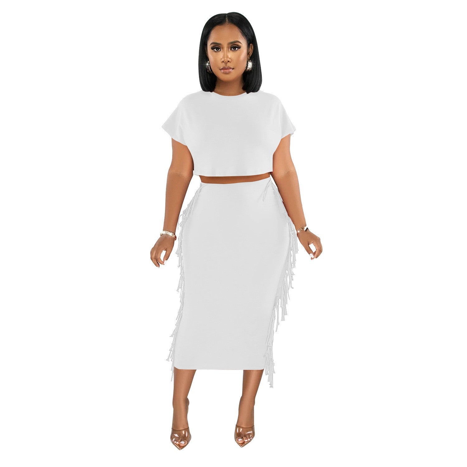 FashionableStyle Solid Color Fringe Round Neck Short Sleeve Long Dress Two-Piece Set