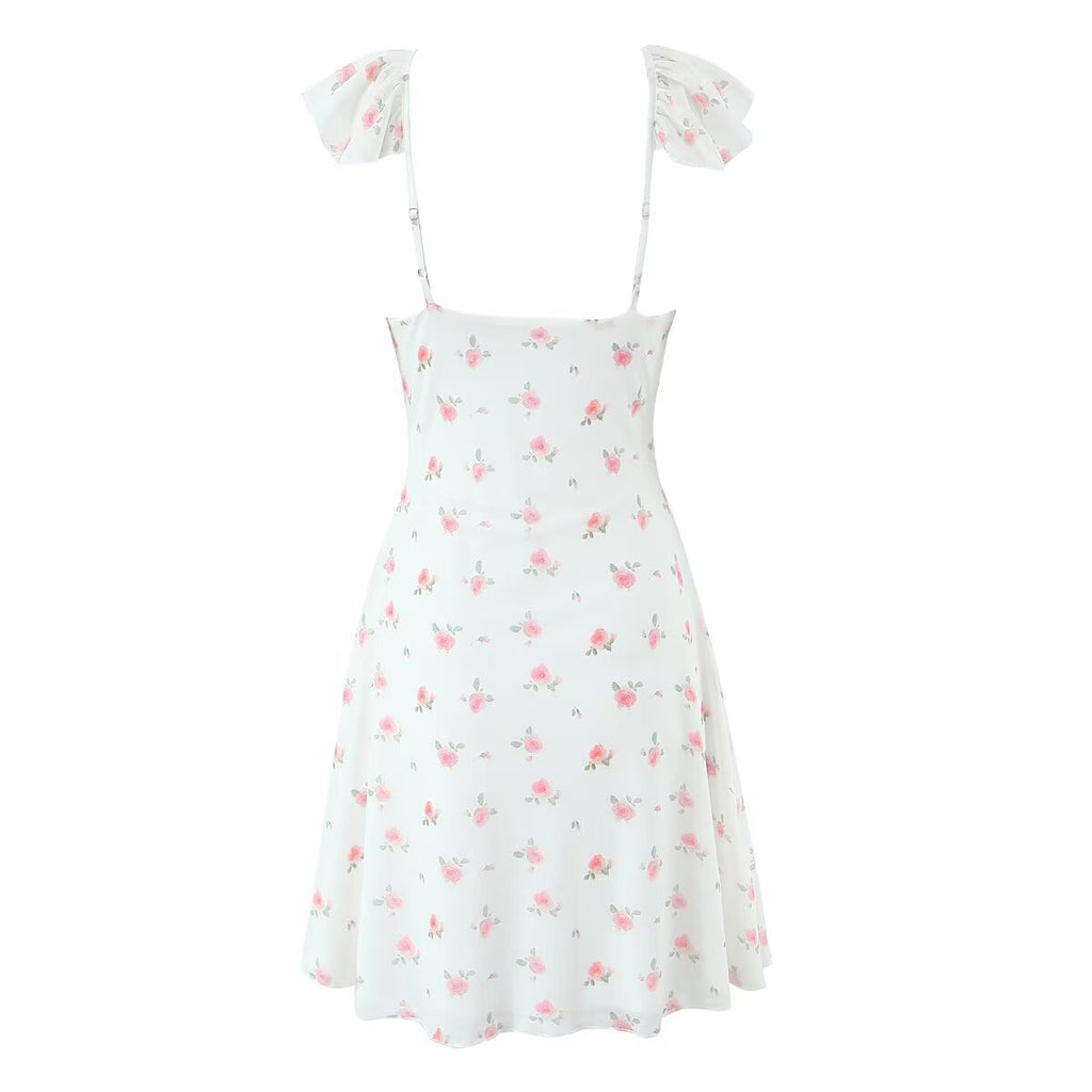 Style Lace Tie-Back Ruffle Waist Printed Dress
