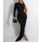Fashion Women's Solid Color Asymmetrical Neck Single Long Sleeve Long Dress with Pleats