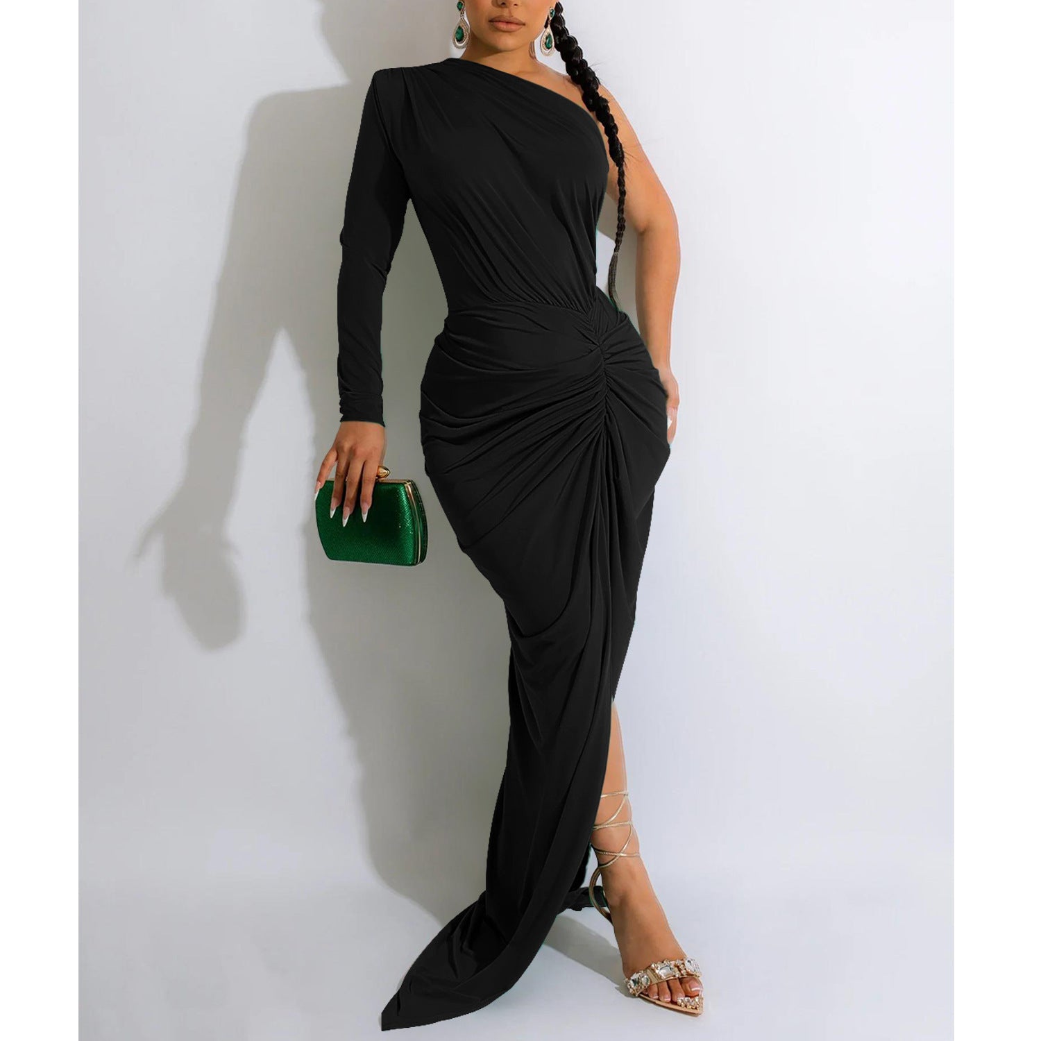 Fashion Women's Solid Color Asymmetrical Neck Single Long Sleeve Long Dress with Pleats