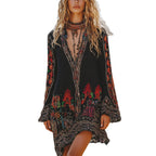 Style Autumn/Winter Long Dress with Long Sleeves, V-Neck, Vintage Ethnic Style 3D Print Dress