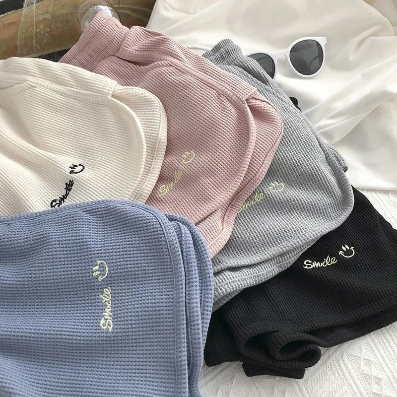 Waffle Knit Sweat Shorts for Women Summer Casual Loose High Waist Home Wear Wide Leg Hot Pants Outerwear
