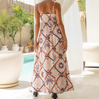 Summer Strap Abstract Tile Print Long Dress Bohemian Pocket Maxi Dress Beach Vacation Flowy Skirt