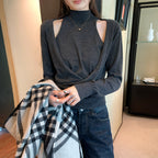 Mock Two-Piece Off-Shoulder Fitted Long Sleeve Wool Knit Top for Women