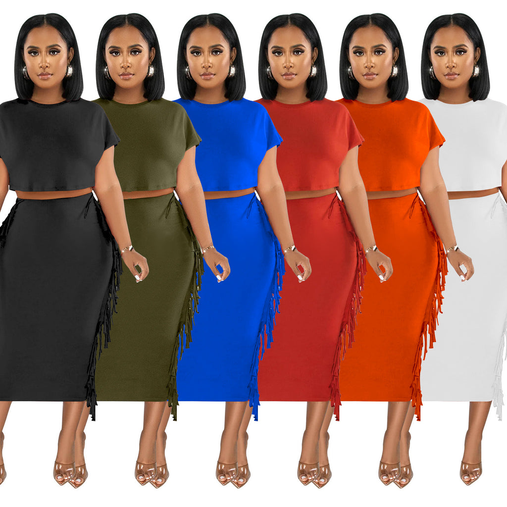 FashionableStyle Solid Color Fringe Round Neck Short Sleeve Long Dress Two-Piece Set