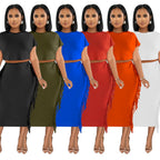 FashionableStyle Solid Color Fringe Round Neck Short Sleeve Long Dress Two-Piece Set