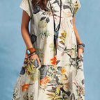 Style Printed Cap Sleeve Round Neck Patch Pocket A-line Dress