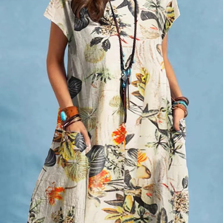 Style Printed Cap Sleeve Round Neck Patch Pocket A-line Dress