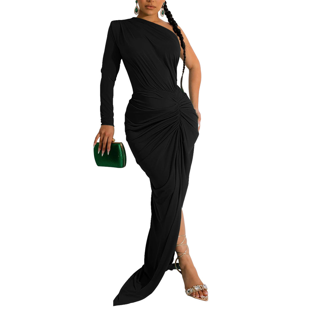 Fashion Women's Solid Color Asymmetrical Neck Single Long Sleeve Long Dress with Pleats