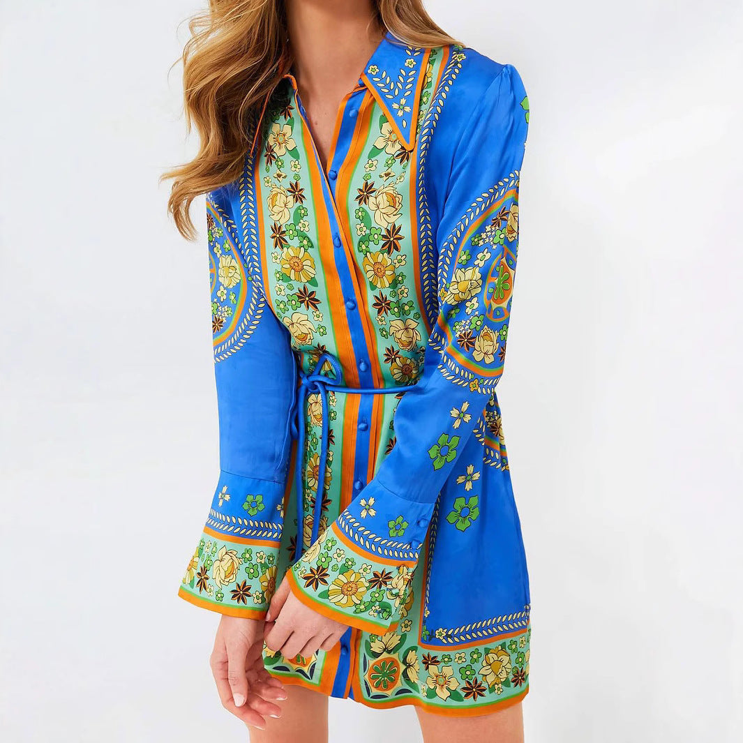 Chic Printed Belted Waist Vacation Long Sleeve Dress with Turn-Down Collar and Flared Sleeves for Women
