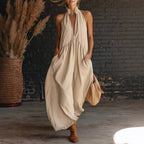 Style Sleeveless Stand Collar Solid Color Long Vacation Dress for Women