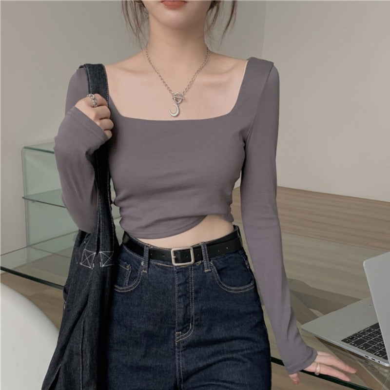 New slim fit inner bottom shirt, long sleeved T-shirt, women's early autumn spicy girl square neck short top