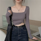 New slim fit inner bottom shirt, long sleeved T-shirt, women's early autumn spicy girl square neck short top