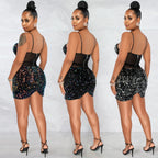 Fashion Sexy Sleeveless Sequin Mesh Sheer Zipper Midi Dress