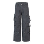Style High-End Belted Large Pocket Cargo Pants for Men, Retro Streetwear Loose Straight Leg Casual Long Pants